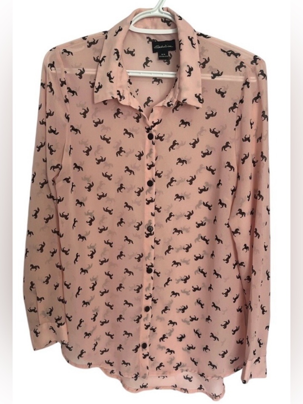 Horse Print Sheer Button Down Blouse Chiffon Shirt